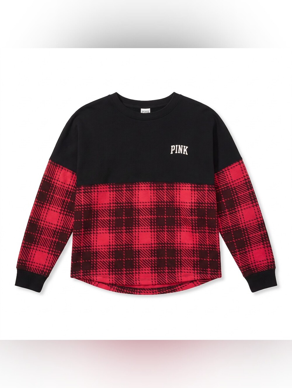 PINK Victoria's Secret Black and Red Plaid Varsity Sweater Y2K - Medium
